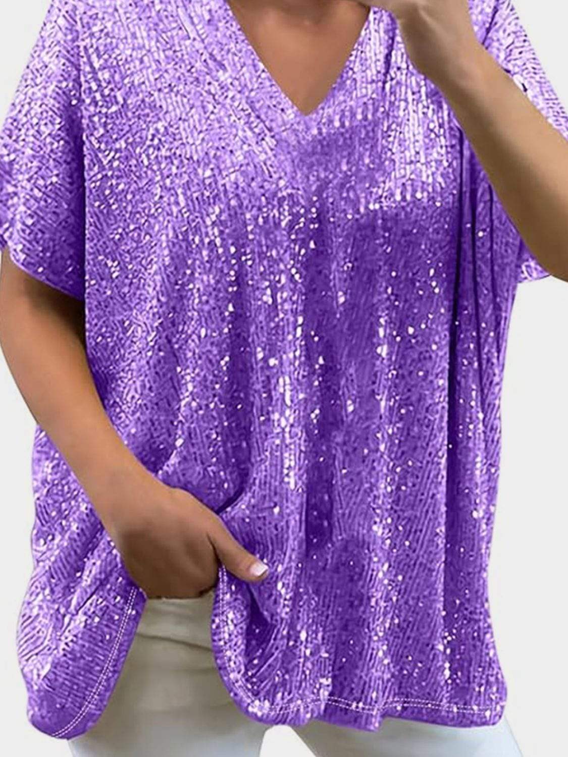 Full Size Sequin V-Neck Short Sleeve Top - Trendsi - Flyclothing LLC