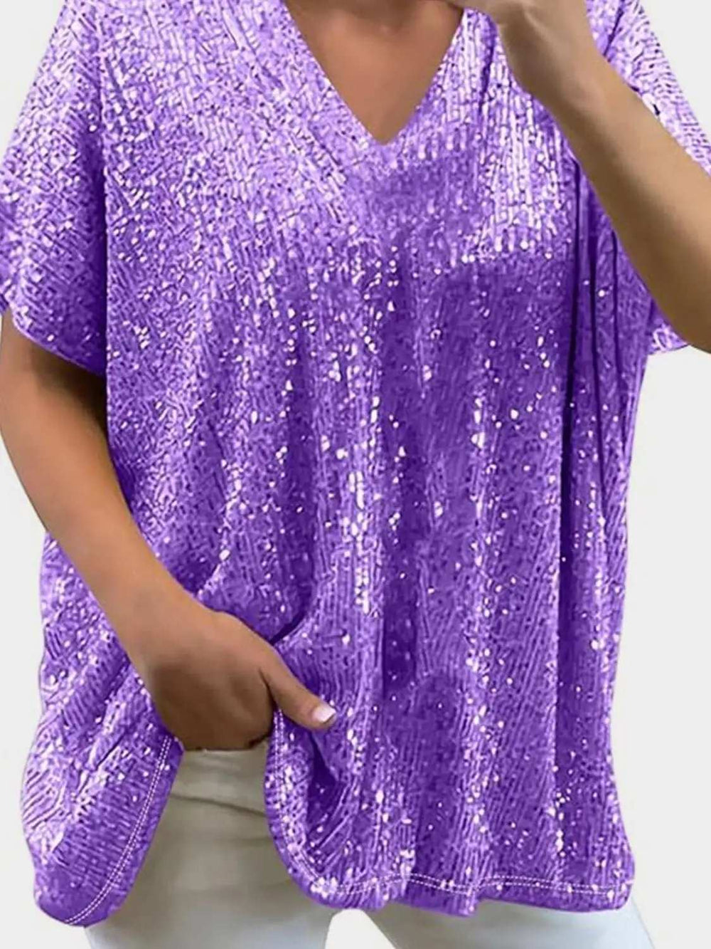 Full Size Sequin V-Neck Short Sleeve Top - Trendsi - Flyclothing LLC
