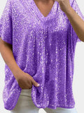 Full Size Sequin V-Neck Short Sleeve Top - Trendsi - Flyclothing LLC