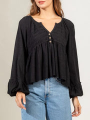 Notched Balloon Sleeve Peplum Blouse - Trendsi