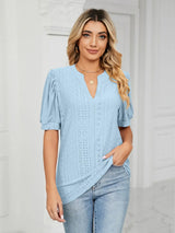 Florira Eyelet Notched Short Sleeve T-Shirt - Trendsi - Flyclothing LLC