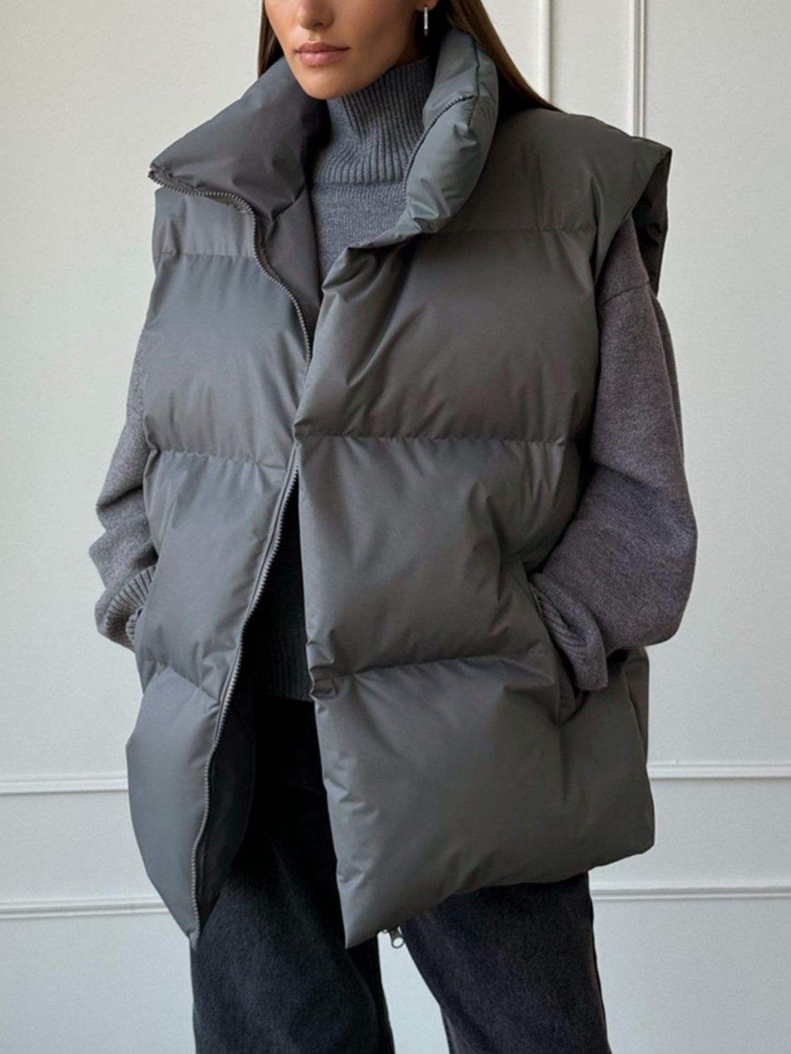 Zip Up Turtleneck Vest Coat - Trendsi - Flyclothing LLC