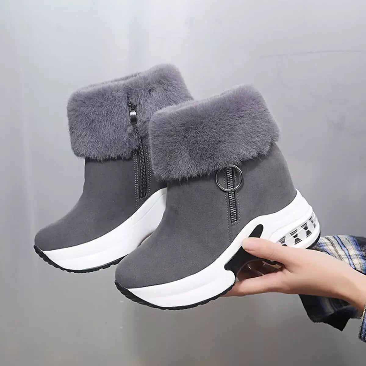 Fuzzy Side Zipper Platform Ankle Boots - Trendsi - Flyclothing LLC