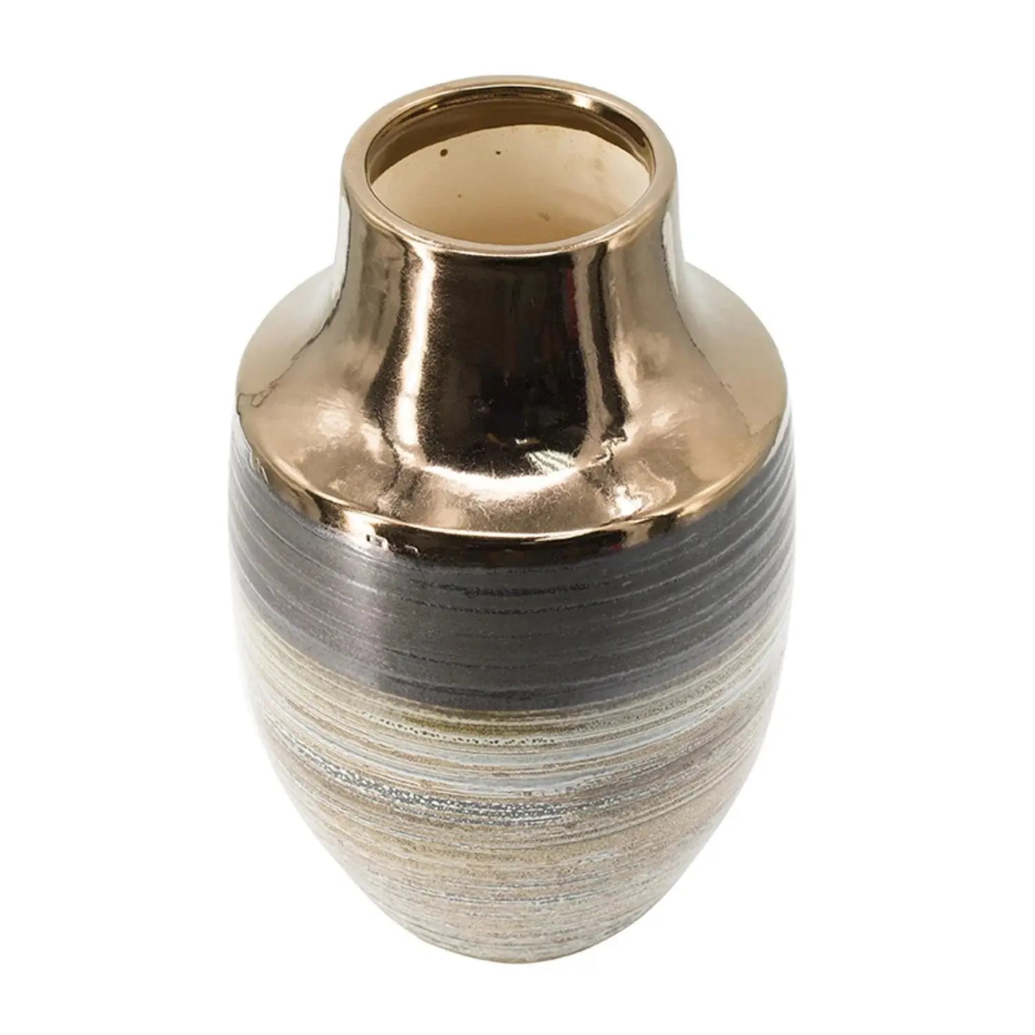11" Brown And Bronze Striped Ceramic Round Table Vase - Homeroots - Flyclothing LLC