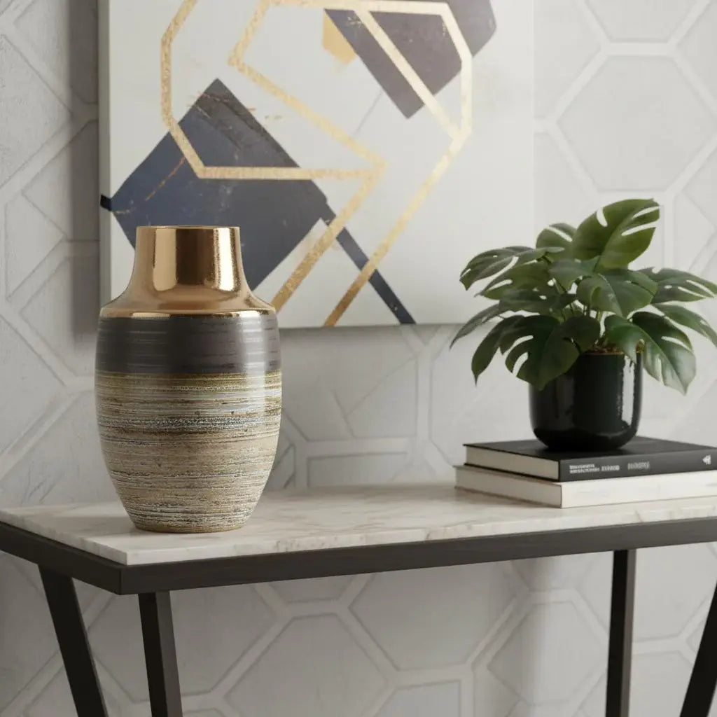 11" Brown And Bronze Striped Ceramic Round Table Vase - Homeroots - Flyclothing LLC