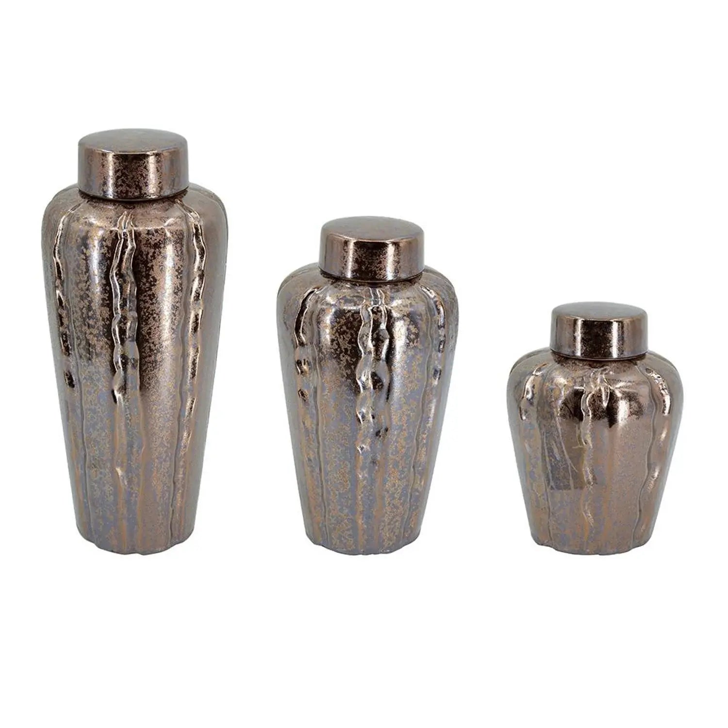 Set of Three Bronze And Silver Ceramic Urn Ginger Jars - Homeroots - Flyclothing LLC