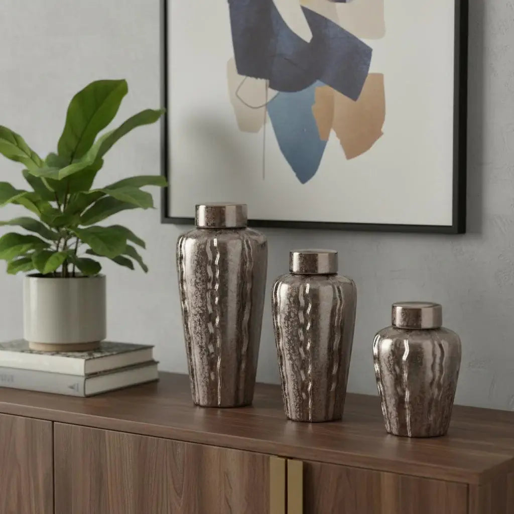 Set of Three Bronze And Silver Ceramic Urn Ginger Jars - Homeroots - Flyclothing LLC