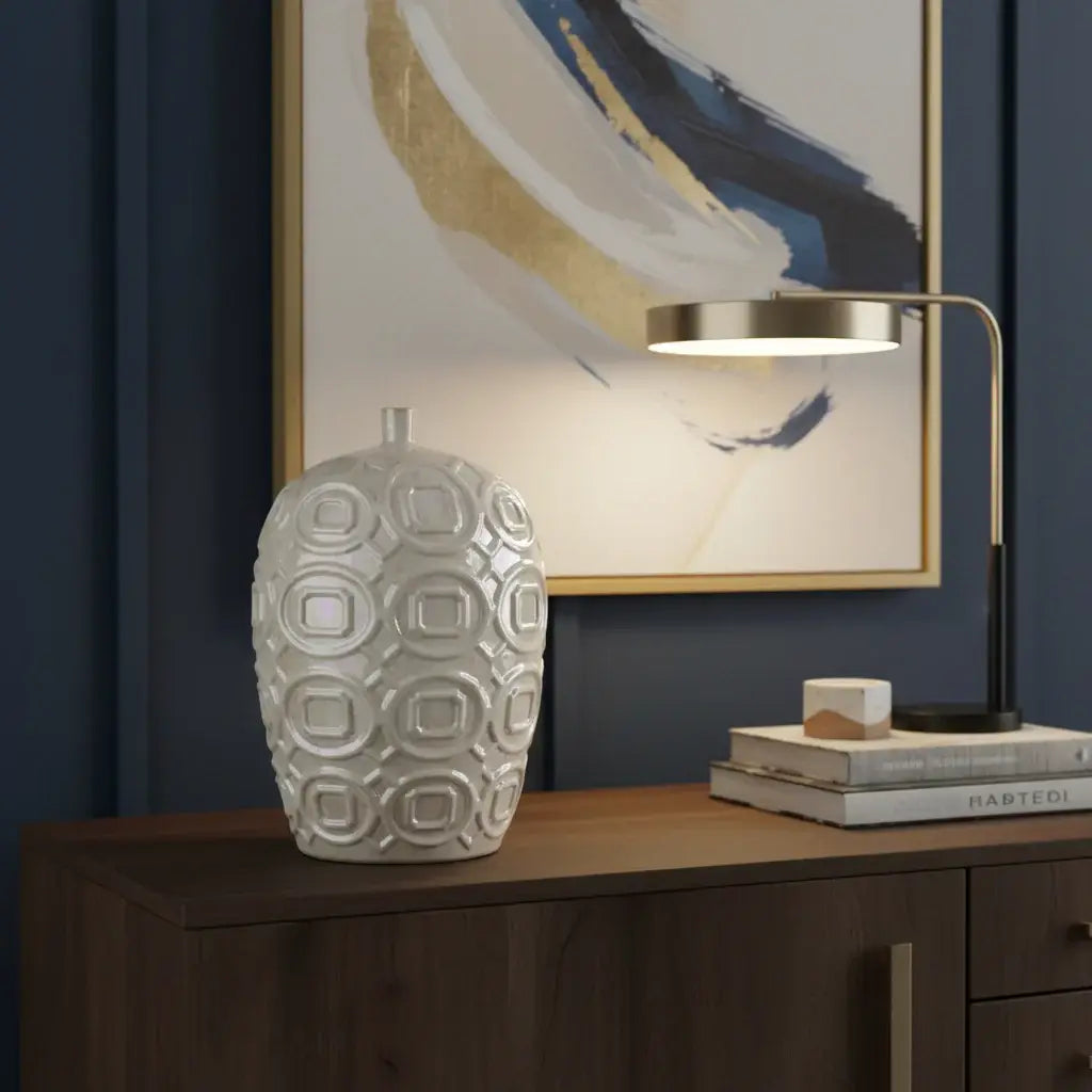 20" Cream Geometric Ceramic Bud Table Vase - Homeroots - Flyclothing LLC