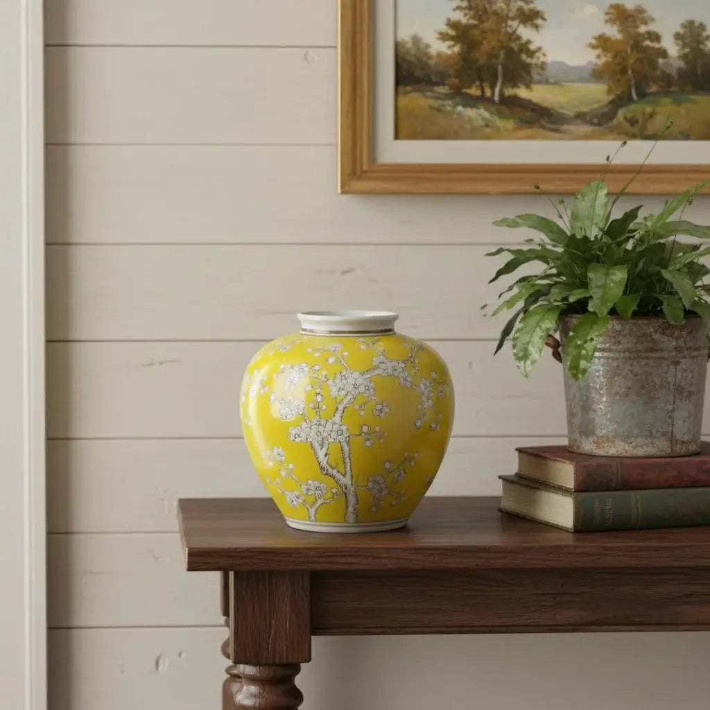 9" Yellow And White Chinoiserie Floral Porcelain Table Vase - Homeroots - Flyclothing LLC