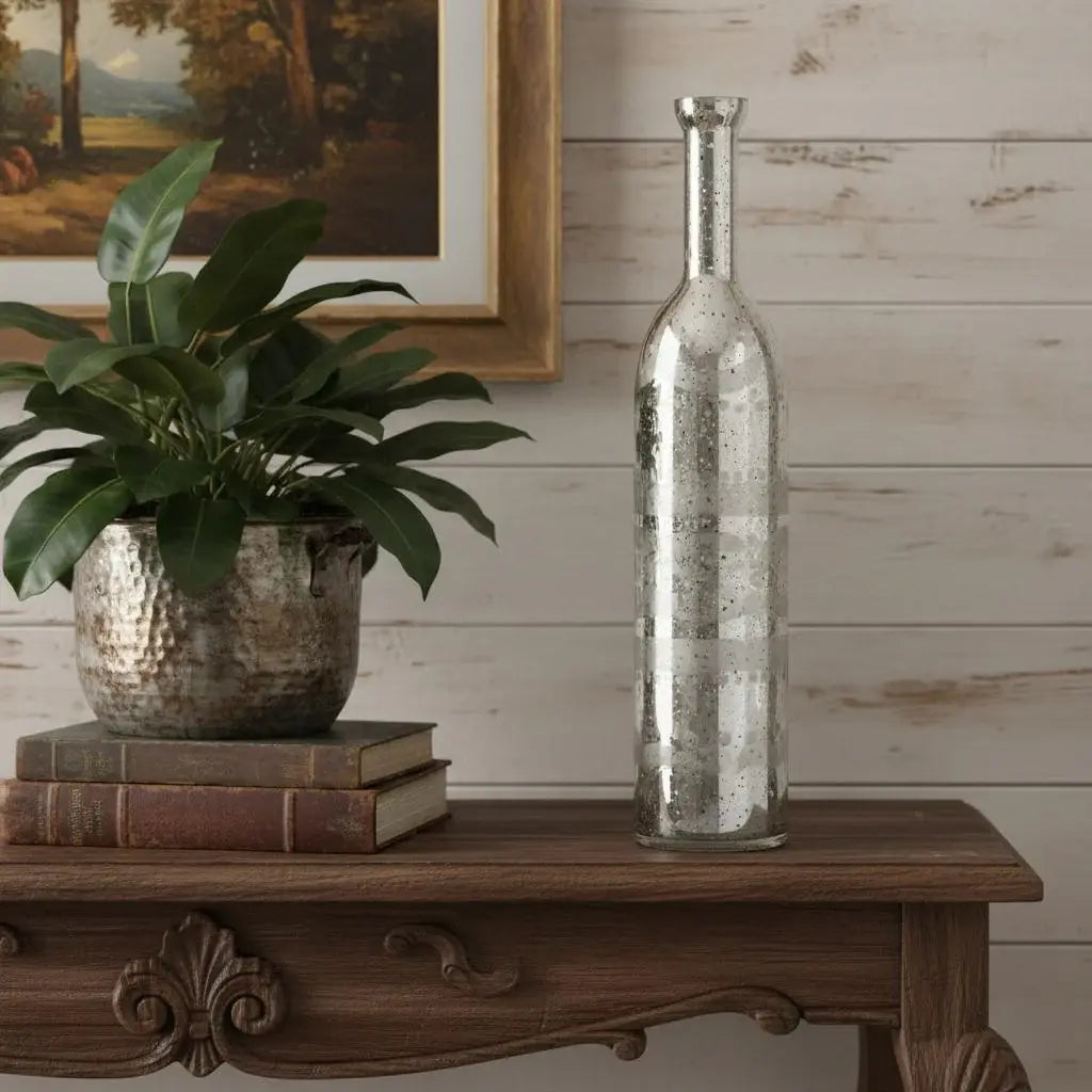 25" Antiqued Silver Floral Glass Bottle Table Vase - Homeroots - Flyclothing LLC