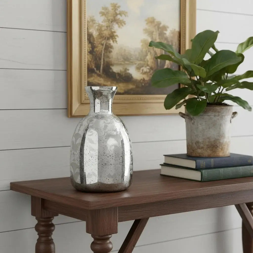 18" Antiqued Silver Floral Glass Table Vase - Homeroots - Flyclothing LLC