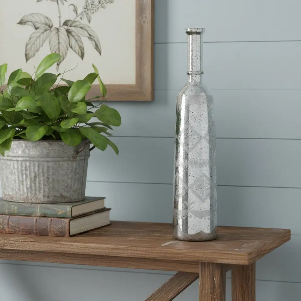 30" Antiqued Silver Floral Glass Bottle Table Vase - Homeroots - Flyclothing LLC
