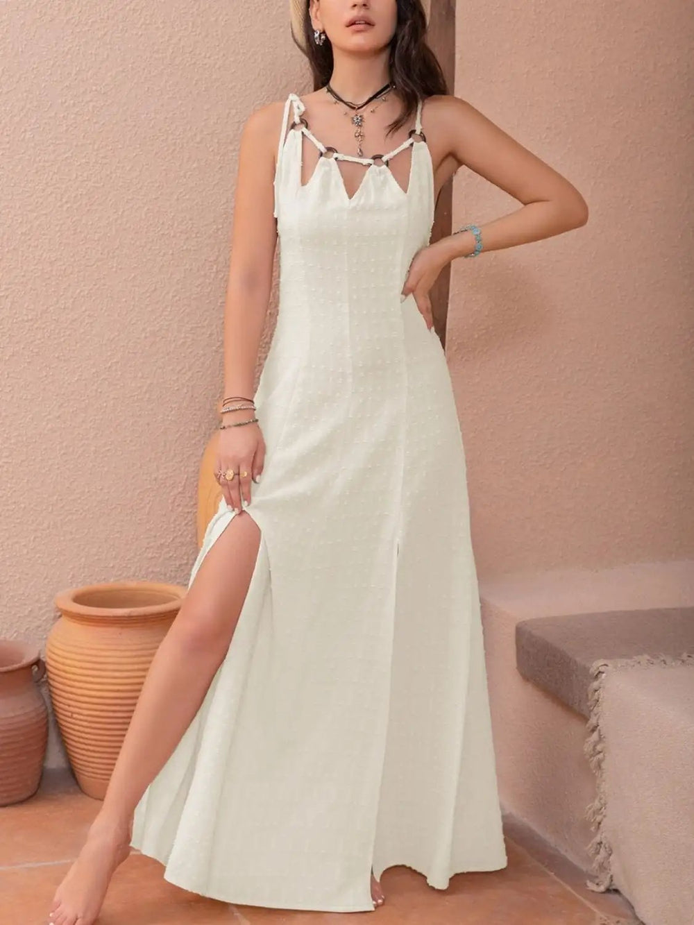 Swiss Dot Cutout Sleeveless Maxi Dress - Trendsi