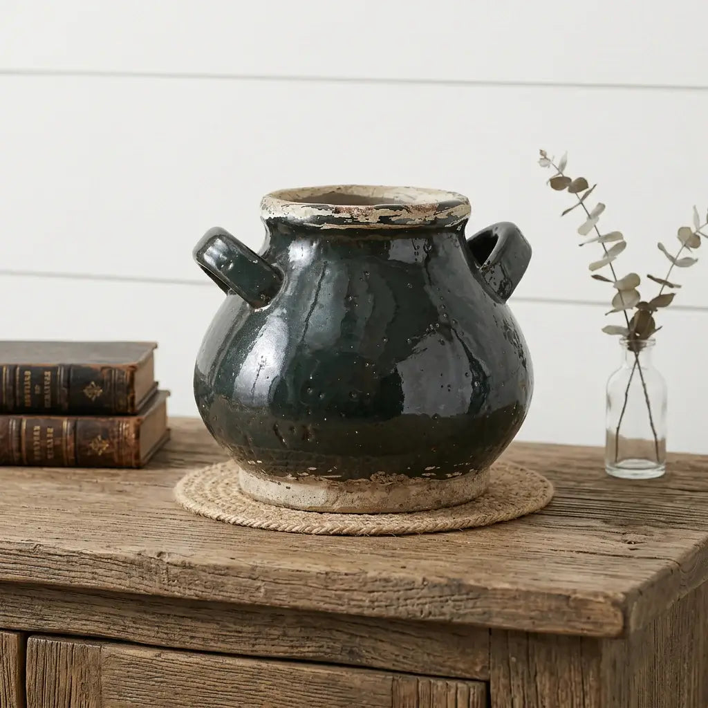 7" Dark Green And Sand Terracotta Round Jug Vase - Homeroots - Flyclothing LLC