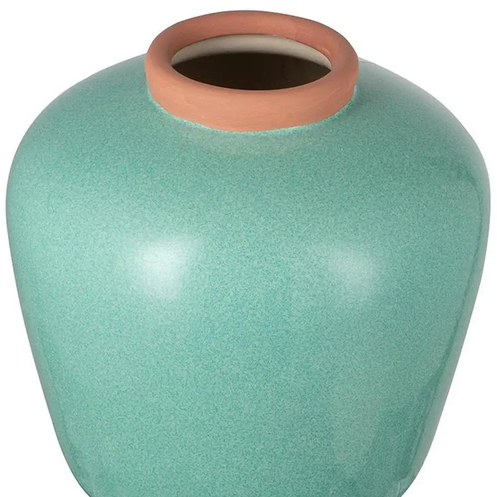 9" Natural And Teal Blue Ceramic Round Table Vase - Homeroots - Flyclothing LLC