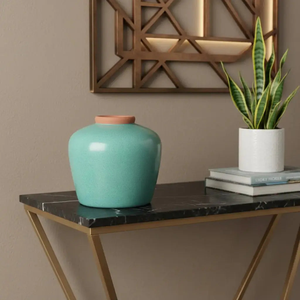 9" Natural And Teal Blue Ceramic Round Table Vase - Homeroots - Flyclothing LLC