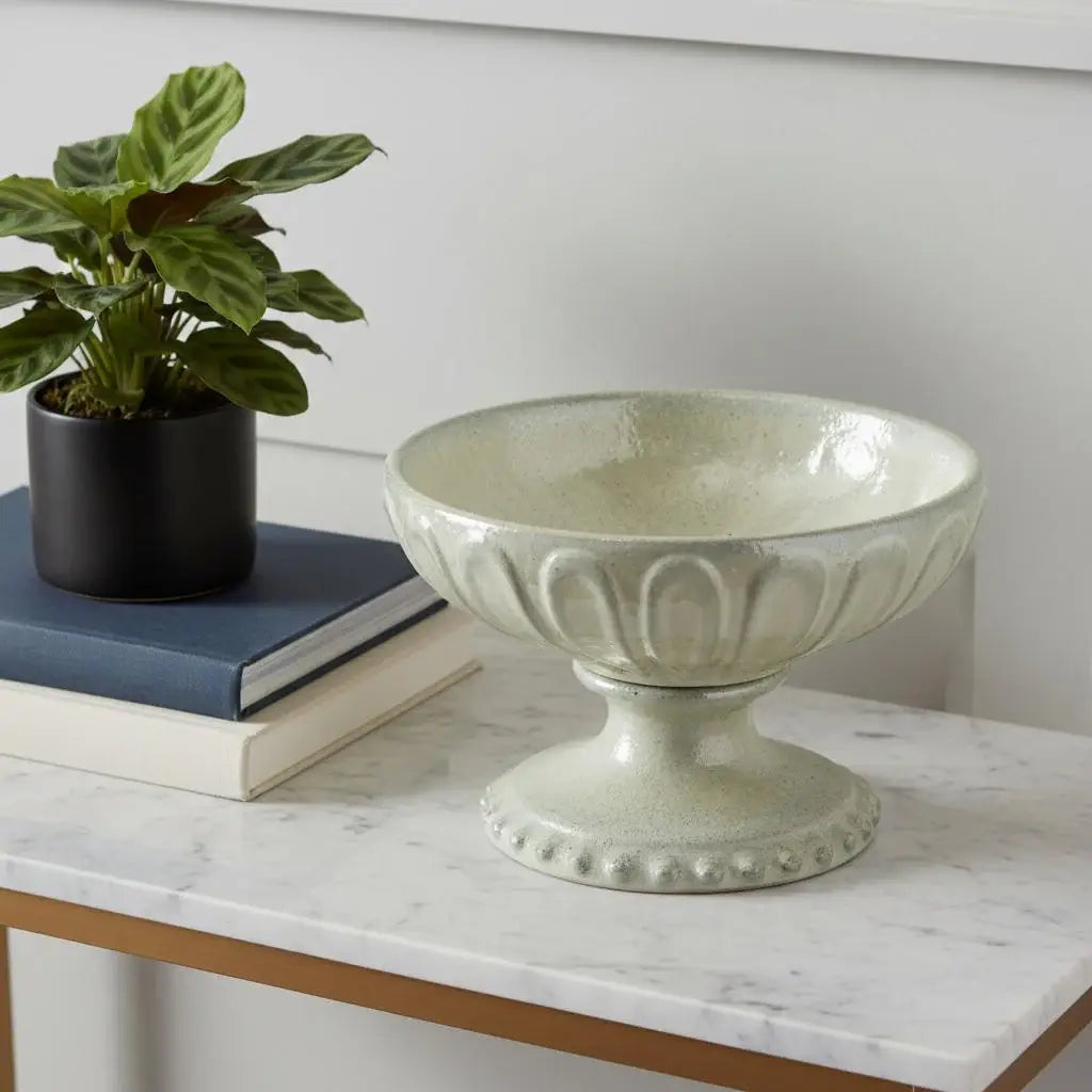10" Gray Ceramic Round Pedestal Centerpiece Bowl - Homeroots - Flyclothing LLC