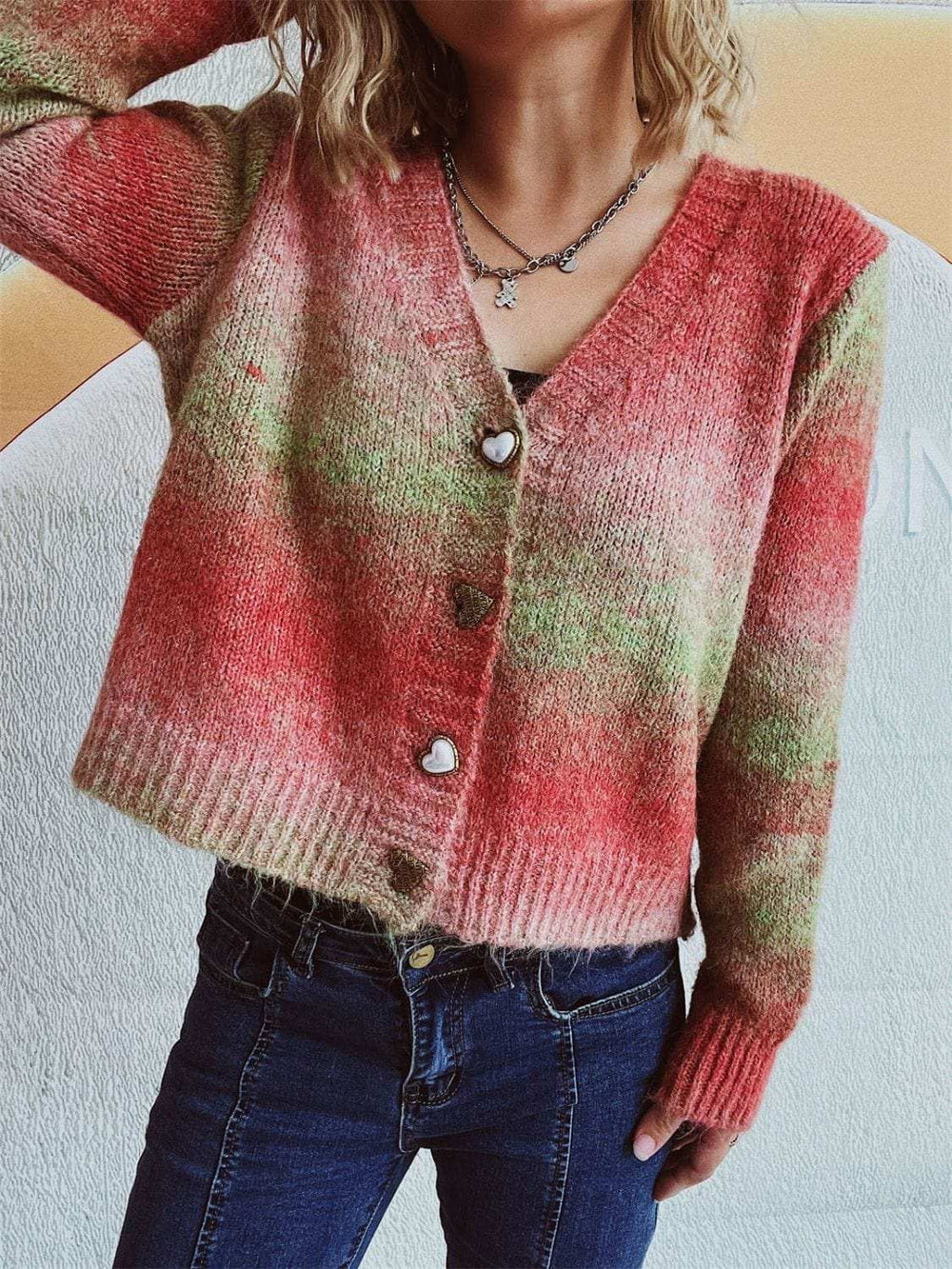 Gradient Heart Shape Button V-Neck Cardigan - Trendsi - Flyclothing LLC