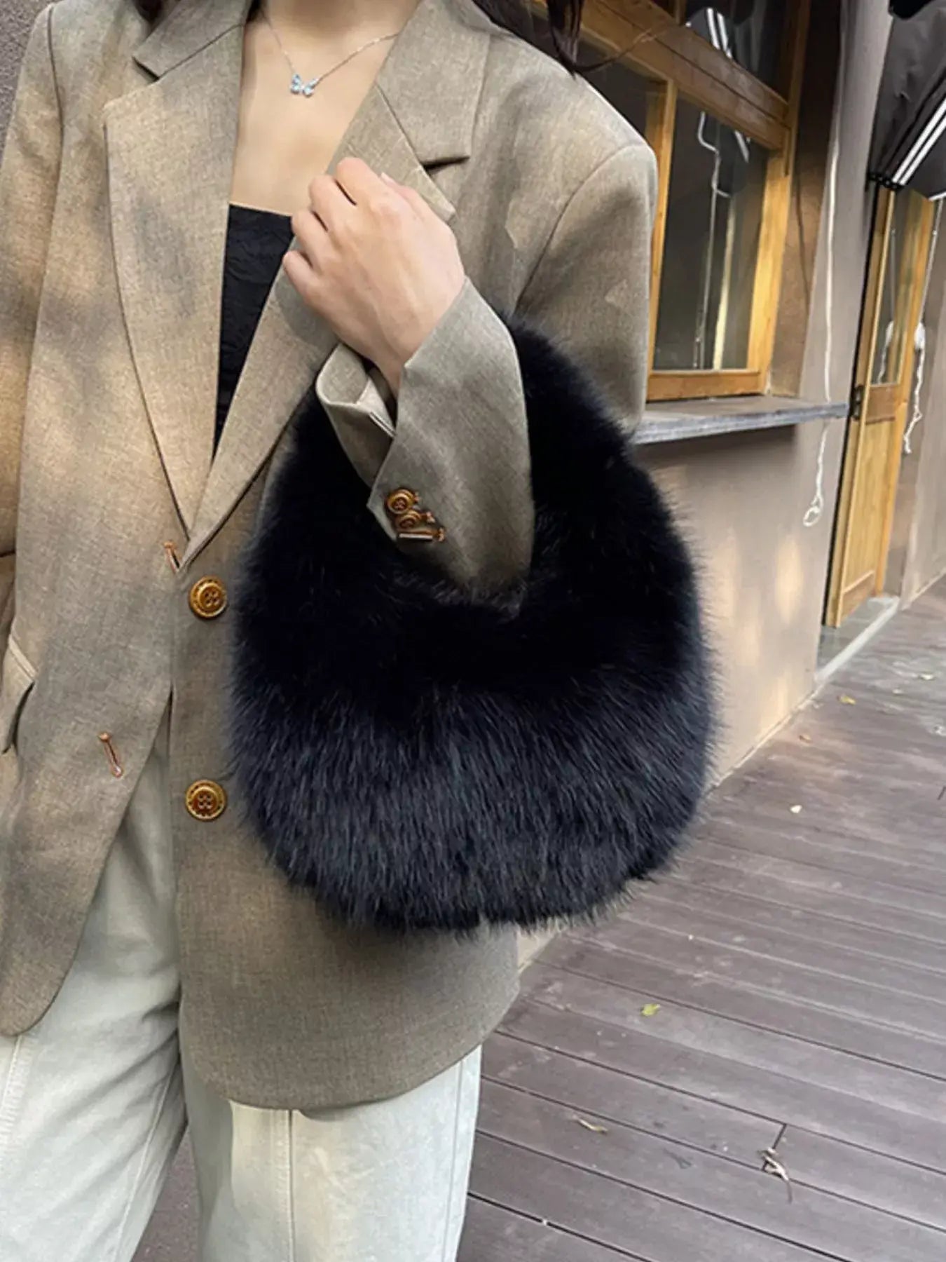 Fluffy Solid Color Handbag - Trendsi - Flyclothing LLC