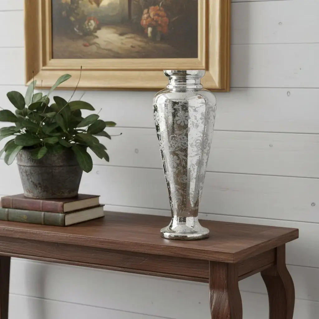 20" Antiqued Silver Etched Floral Glass Round Table Vase - Homeroots - Flyclothing LLC