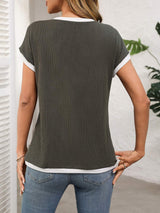 Contrast Trim Round Neck Short Sleeve T-Shirt - Trendsi - Flyclothing LLC