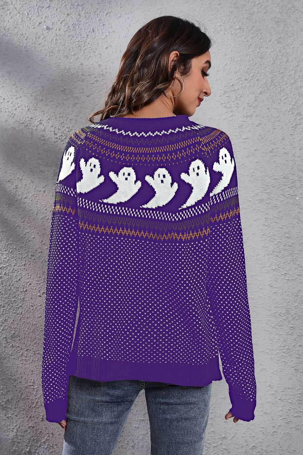 Ghost Pattern Round Neck Long Sleeve Sweater - Trendsi - Flyclothing LLC