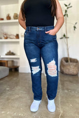 Judy Blue Full Size High Waist Rigid Magic Heavy Destroy Straight Jeans - Trendsi - Flyclothing LLC