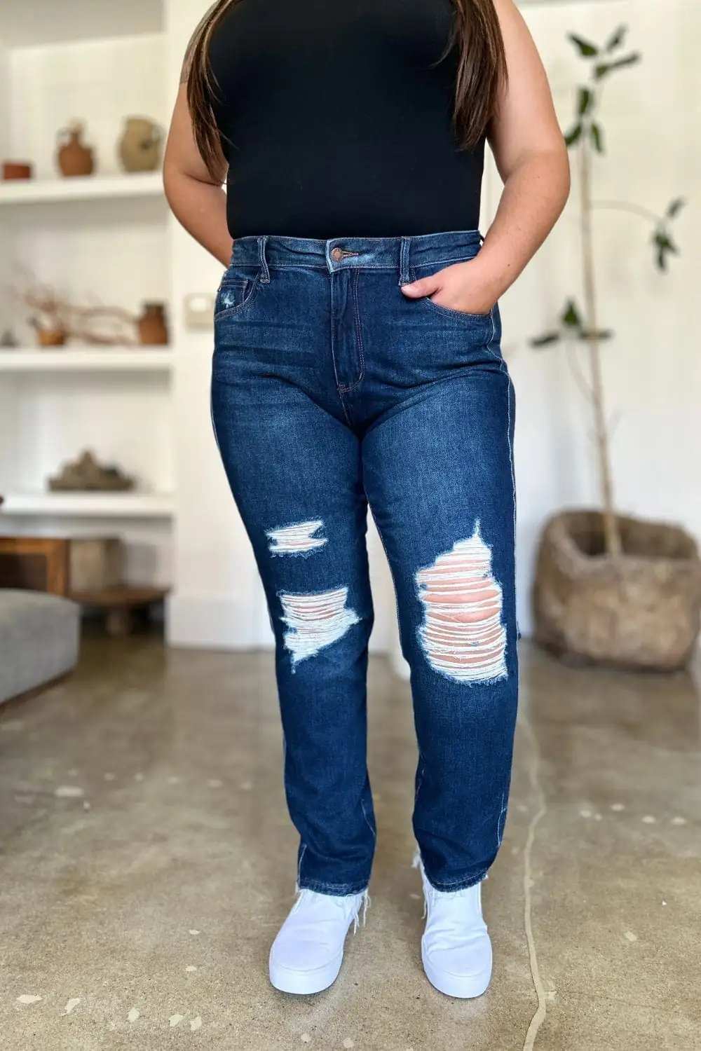 Judy Blue Full Size High Waist Rigid Magic Heavy Destroy Straight Jeans - Trendsi - Flyclothing LLC