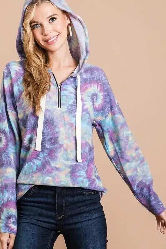 BiBi Brushed Circular Tie Dye Print Terry Hoodie - Trendsi - Flyclothing LLC