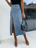Front Button Slit Midi Denim Skirt - Trendsi