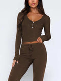 V-Neck Long Sleeve Top and Pants Set - Trendsi - Flyclothing LLC