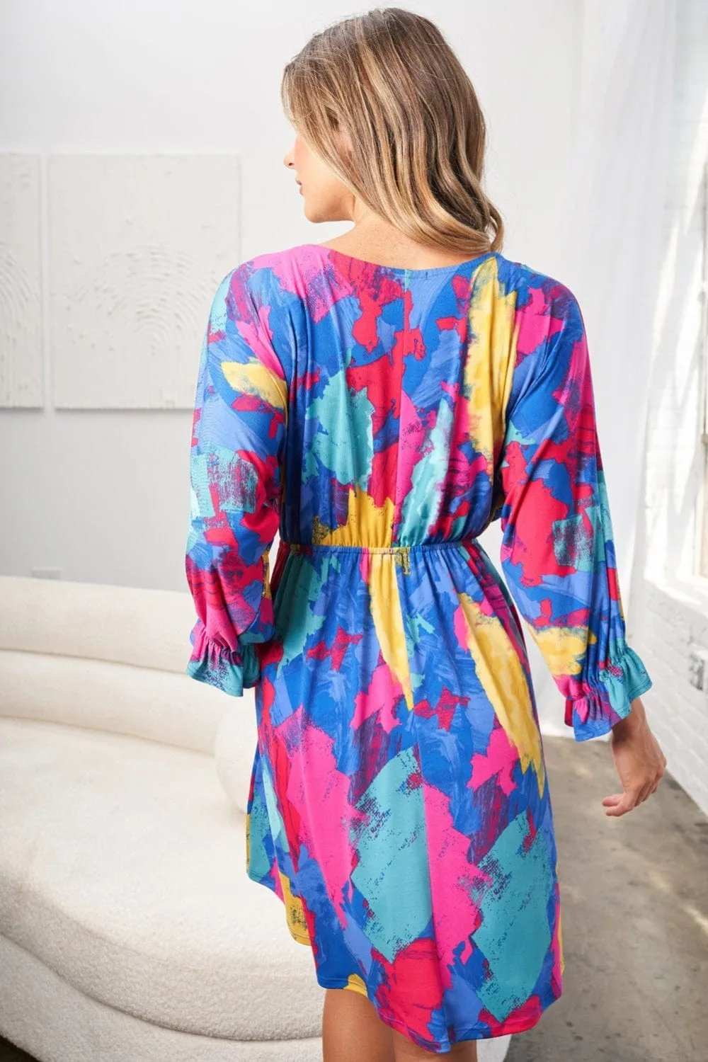 White Birch Full Size Printed V-Neck Mini Dress - Trendsi - Flyclothing LLC