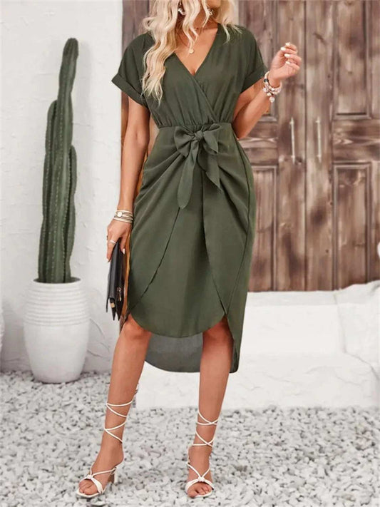 Tied Surplice Short Sleeve Dress - Trendsi - Flyclothing LLC