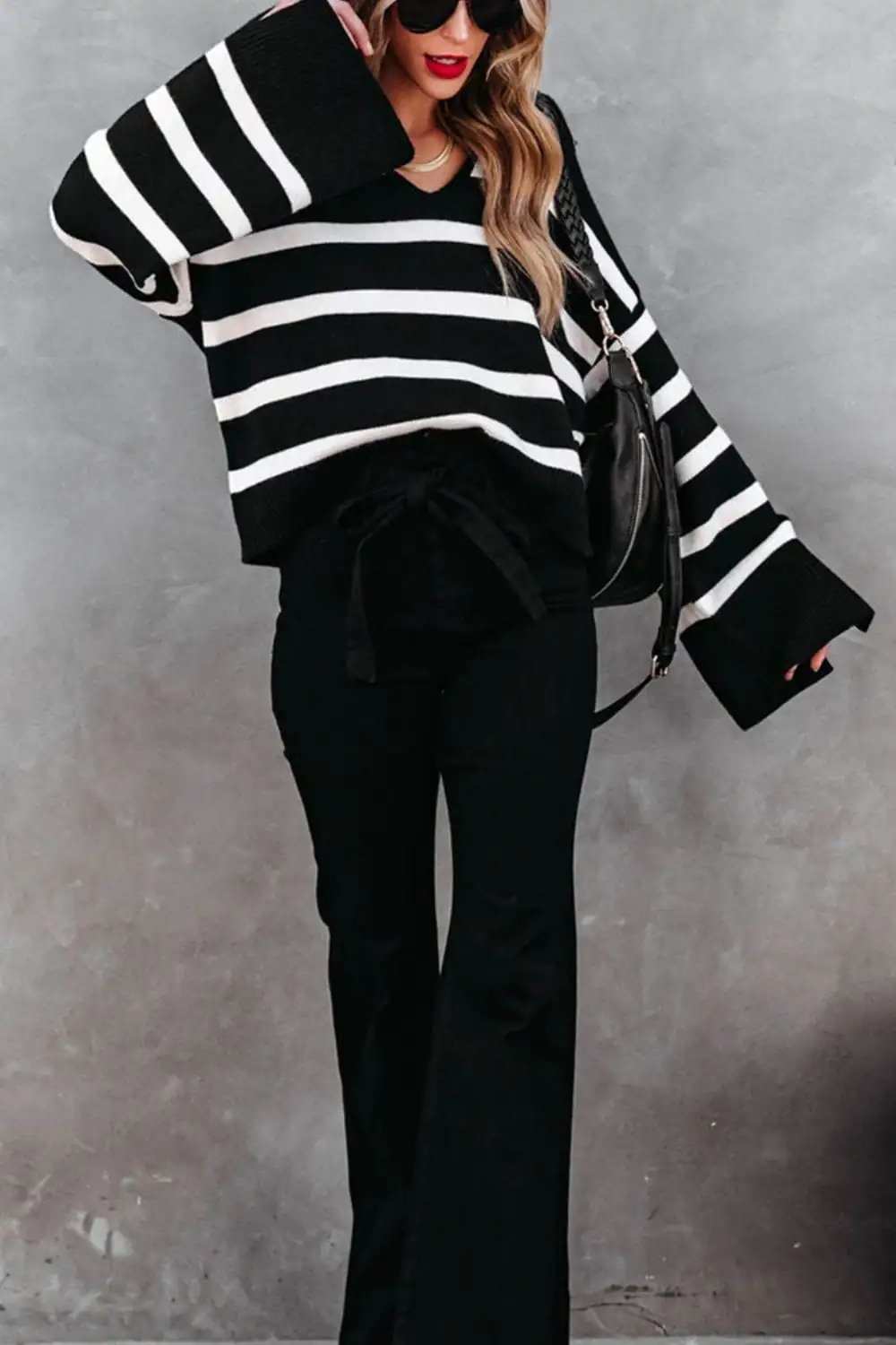 Striped Johnny Collar Long Sleeve Sweater - Trendsi - Flyclothing LLC