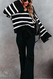 Striped Johnny Collar Long Sleeve Sweater - Trendsi - Flyclothing LLC