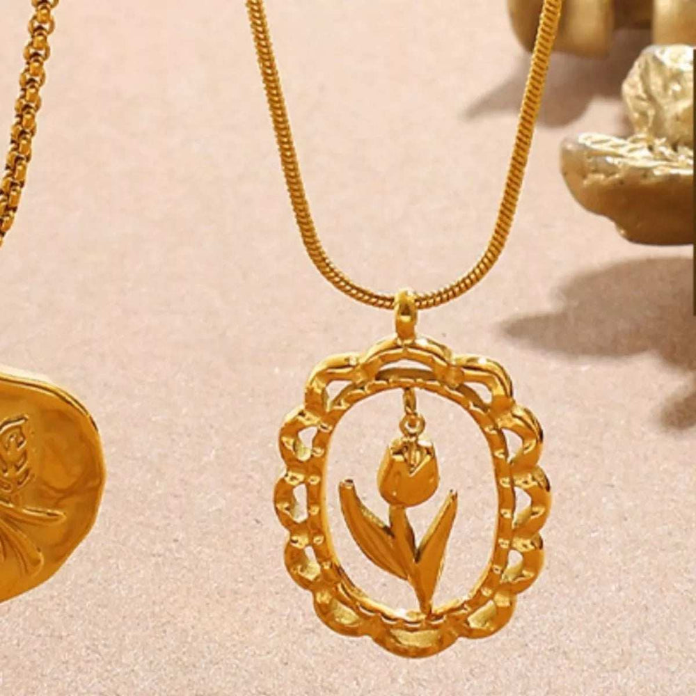 18K Gold-Plated Stainless Steel Flower Pendant Necklace - Trendsi - Flyclothing LLC
