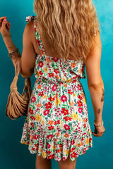 Floral Knotted Straps Cinched Waist Ruffle Hem Mini Dress - Trendsi - Flyclothing LLC