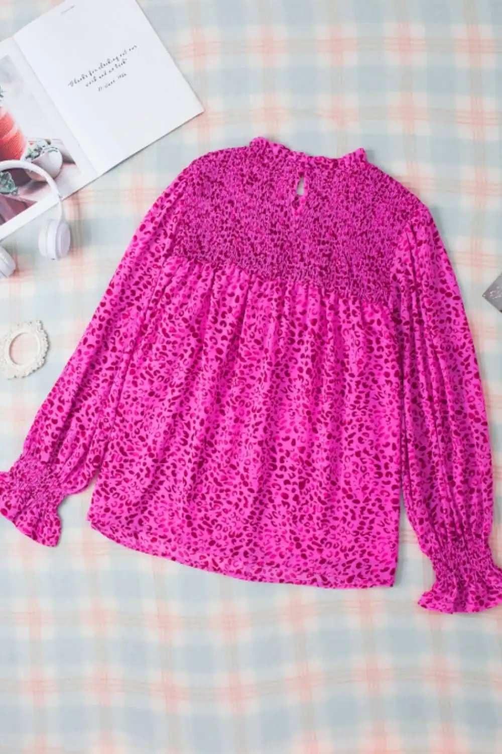 Ruched Leopard Mock Neck Long Sleeve Blouse - Trendsi - Flyclothing LLC