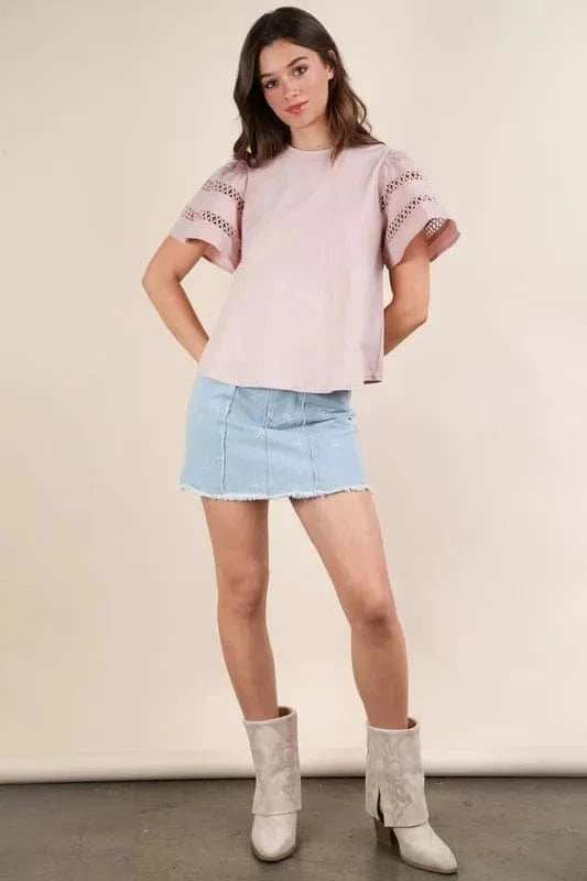 VERY J Lace Trim Sleeve Top - Trendsi - Flyclothing LLC