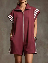 Striped Zip Front Short Sleeve Romper - Trendsi - Flyclothing LLC