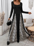 Perfee Leopard Square Neck Long Sleeve Maxi Dress - Trendsi