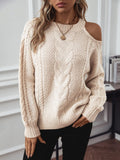 Cable Knit Round Neck Cold Shoulder Sweater - Trendsi