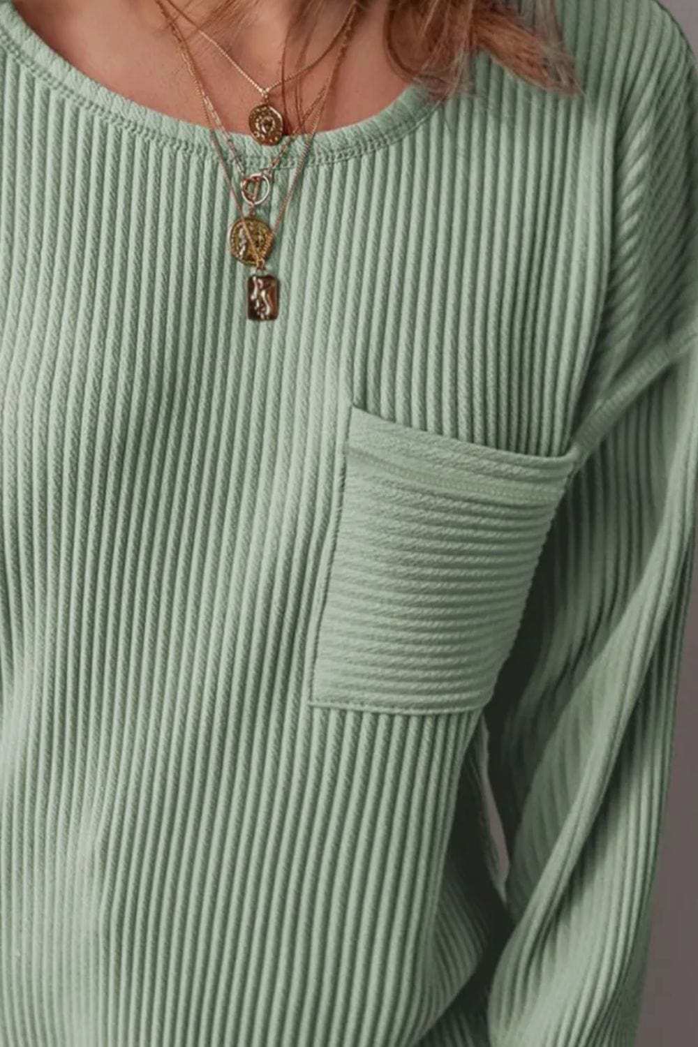 Plus Size Pocketed Ribbed Round Neck Long Sleeve Top - Trendsi - Flyclothing LLC