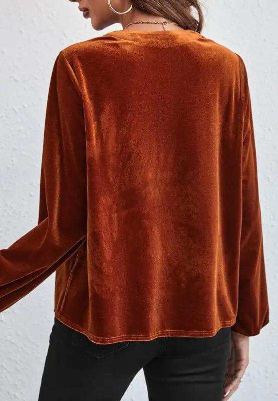 Notched Long Sleeve Velvet Top - Trendsi - Flyclothing LLC