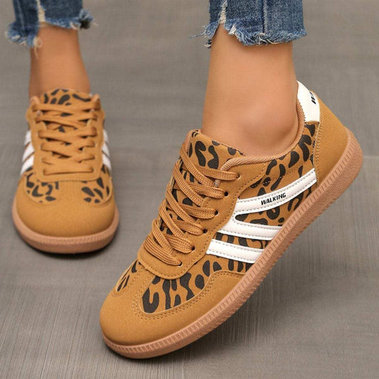 Leopard Round Toe Lace Up Sneakers - Trendsi - Flyclothing LLC