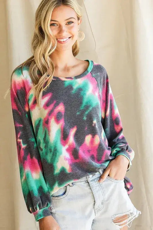 BiBi Tie Dye Print Terry Top with Puff Sleeves - Trendsi - Flyclothing LLC