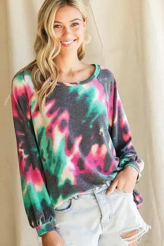 BiBi Tie Dye Print Terry Top with Puff Sleeves - Trendsi - Flyclothing LLC