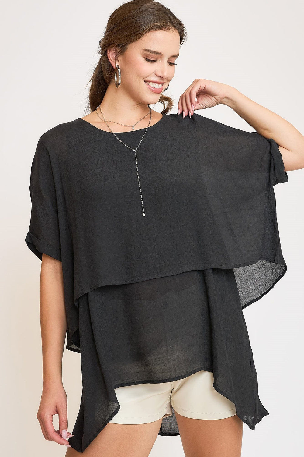 Umgee Full Size Cuffed Half Sleeve Layered Top Plus Size - Trendsi