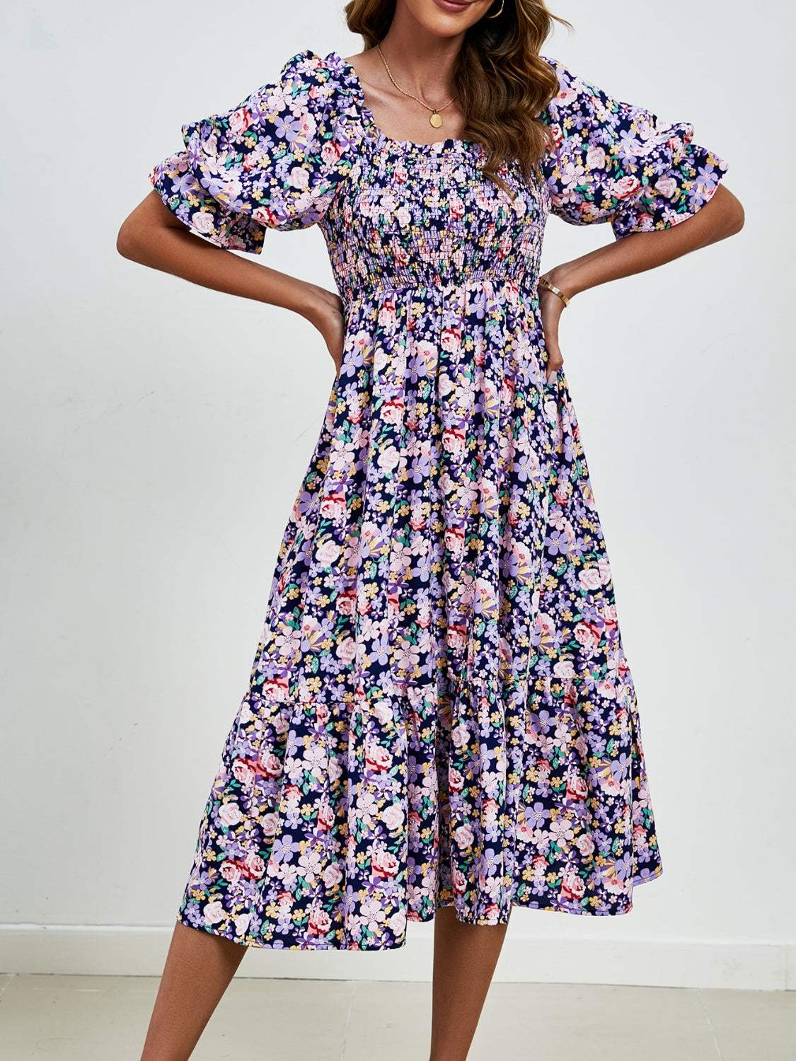 Smocked Floral Square Neck Short Sleeve Dress - Trendsi - Flyclothing LLC