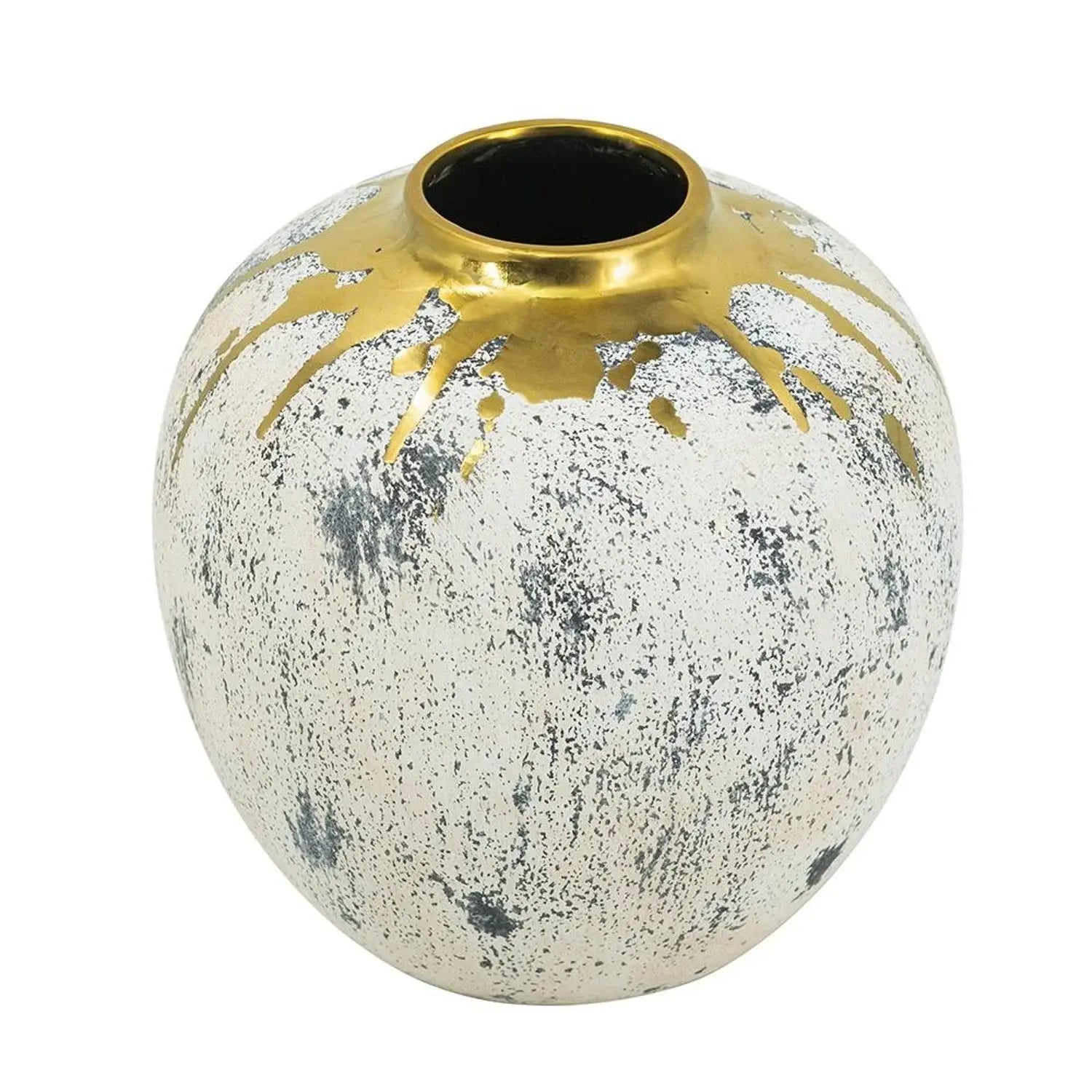 10" Ivory Gray And Gold Abstract Distressed Ceramic Round Table Vase - Homeroots - Flyclothing LLC